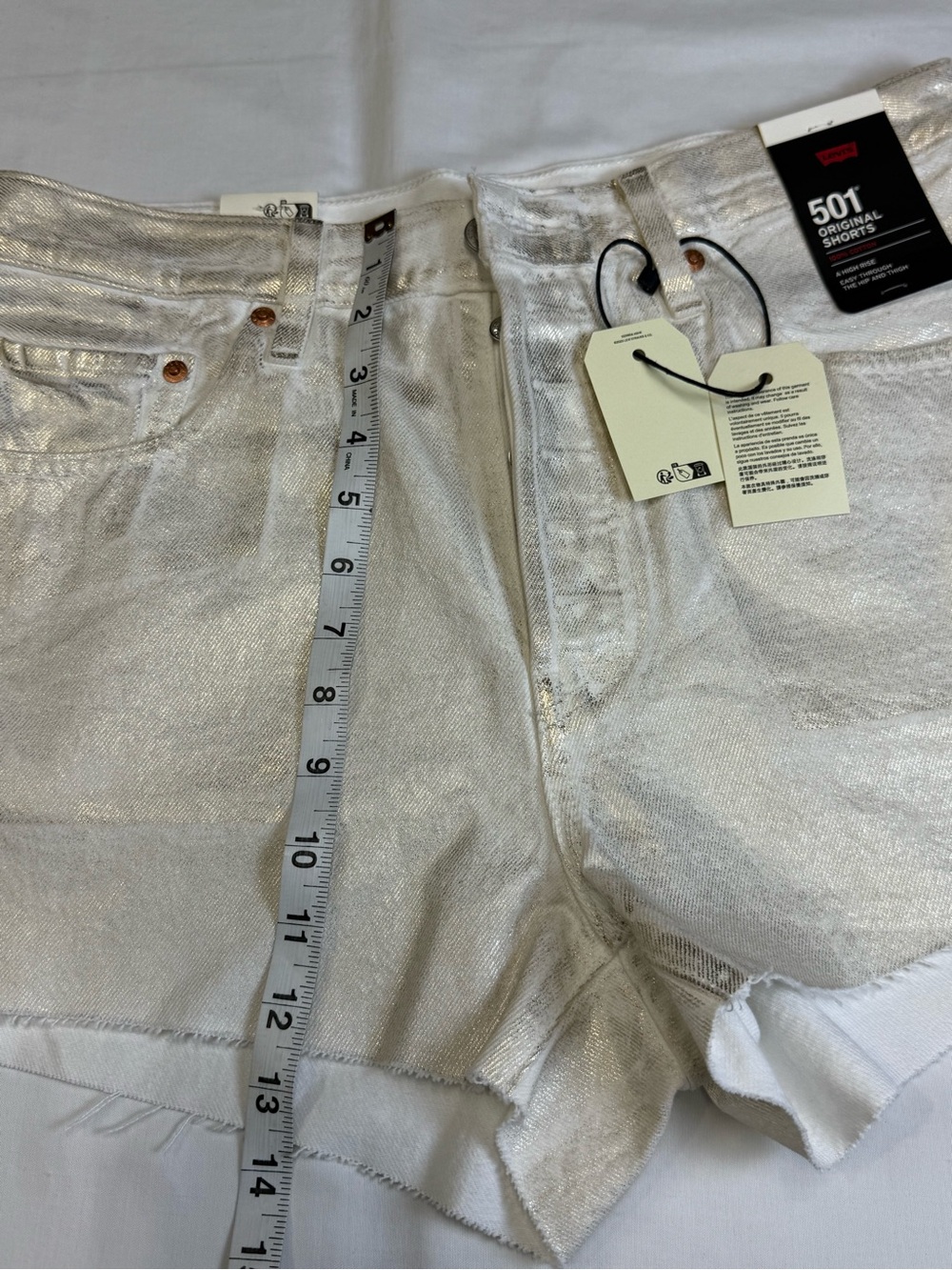 Levis 501 Premium Shorts Womens Sz 31 White Gold Metallic High Rise Cutoff - Picture 6 of 12